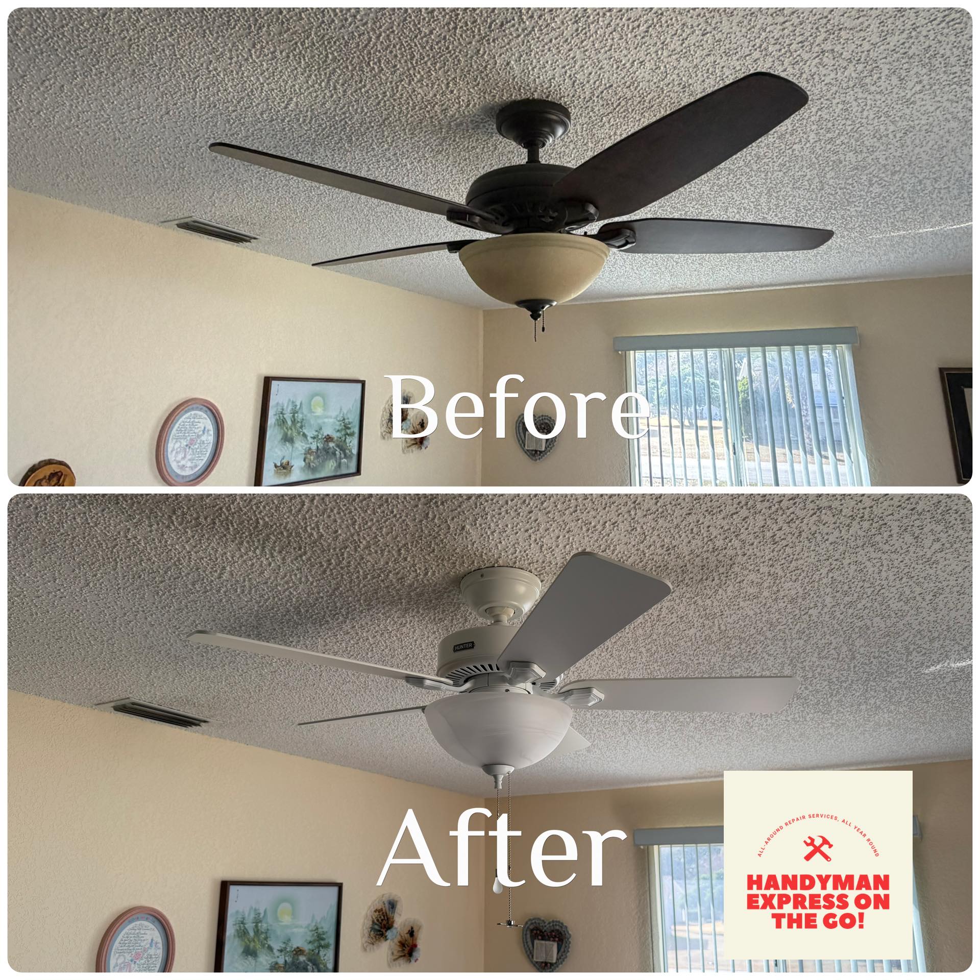 Ceiling fan replacement before and after